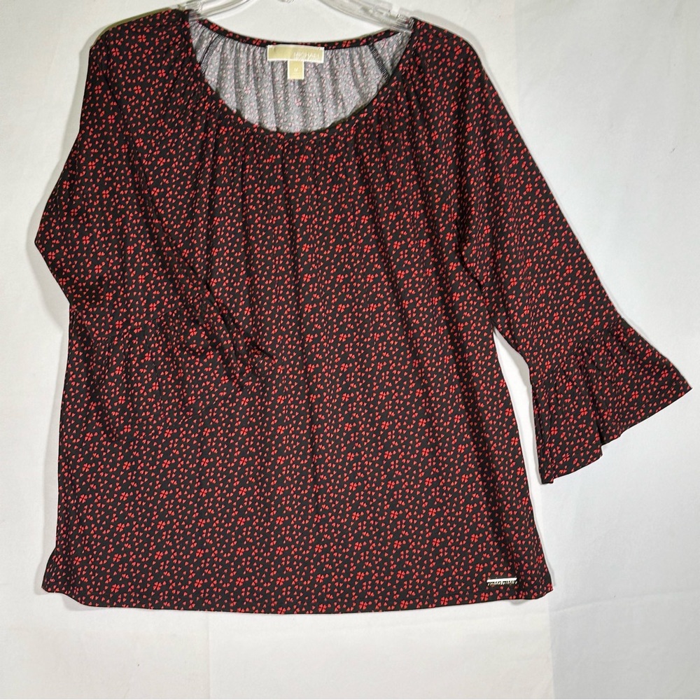Michael Kors Scoop Neck Black and Red Heart Top Flounce Sleeve Womens Medium